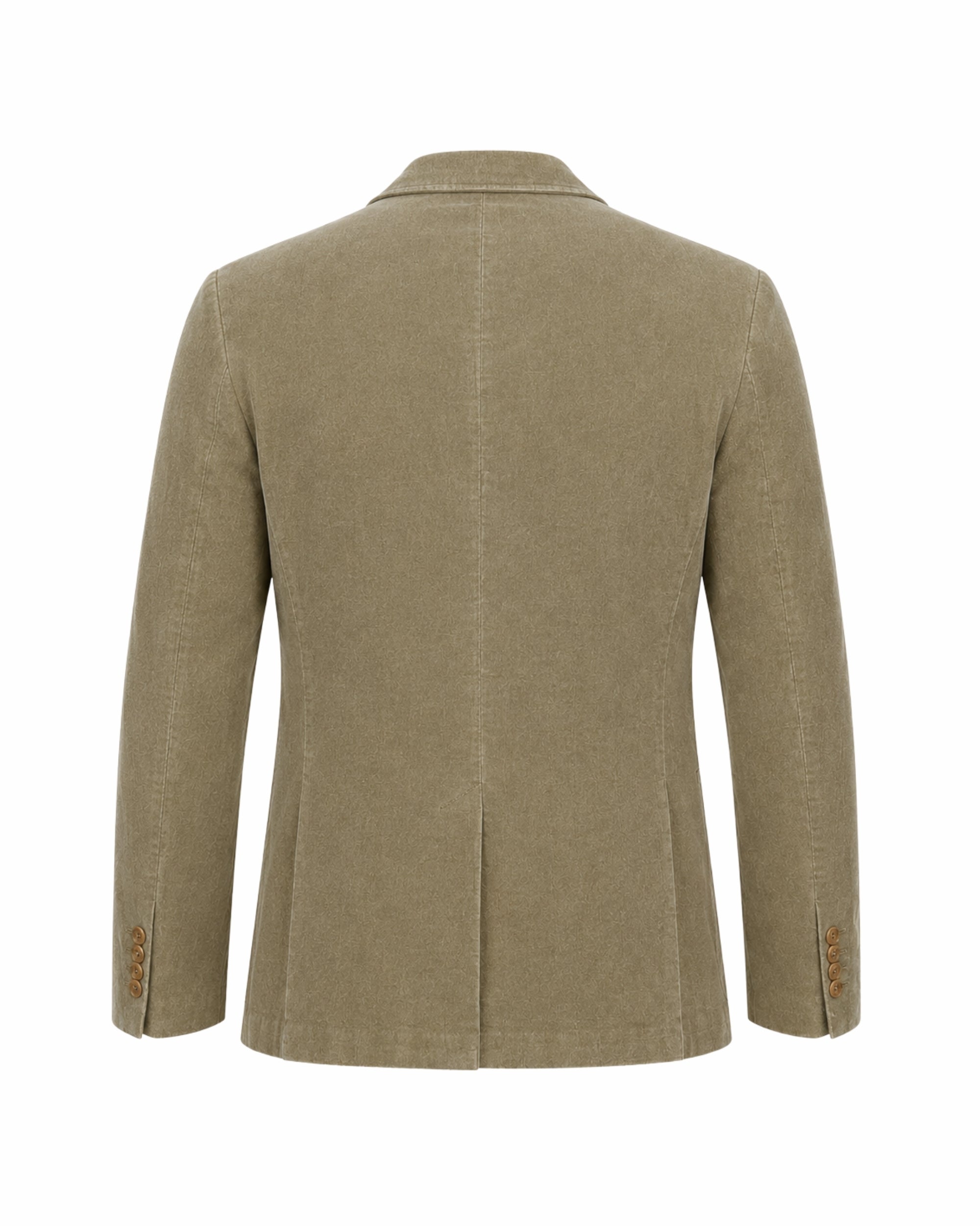 Back flat lay view of a men's unstructured green sport coat detailing the premium stitching and single vent tailoring.