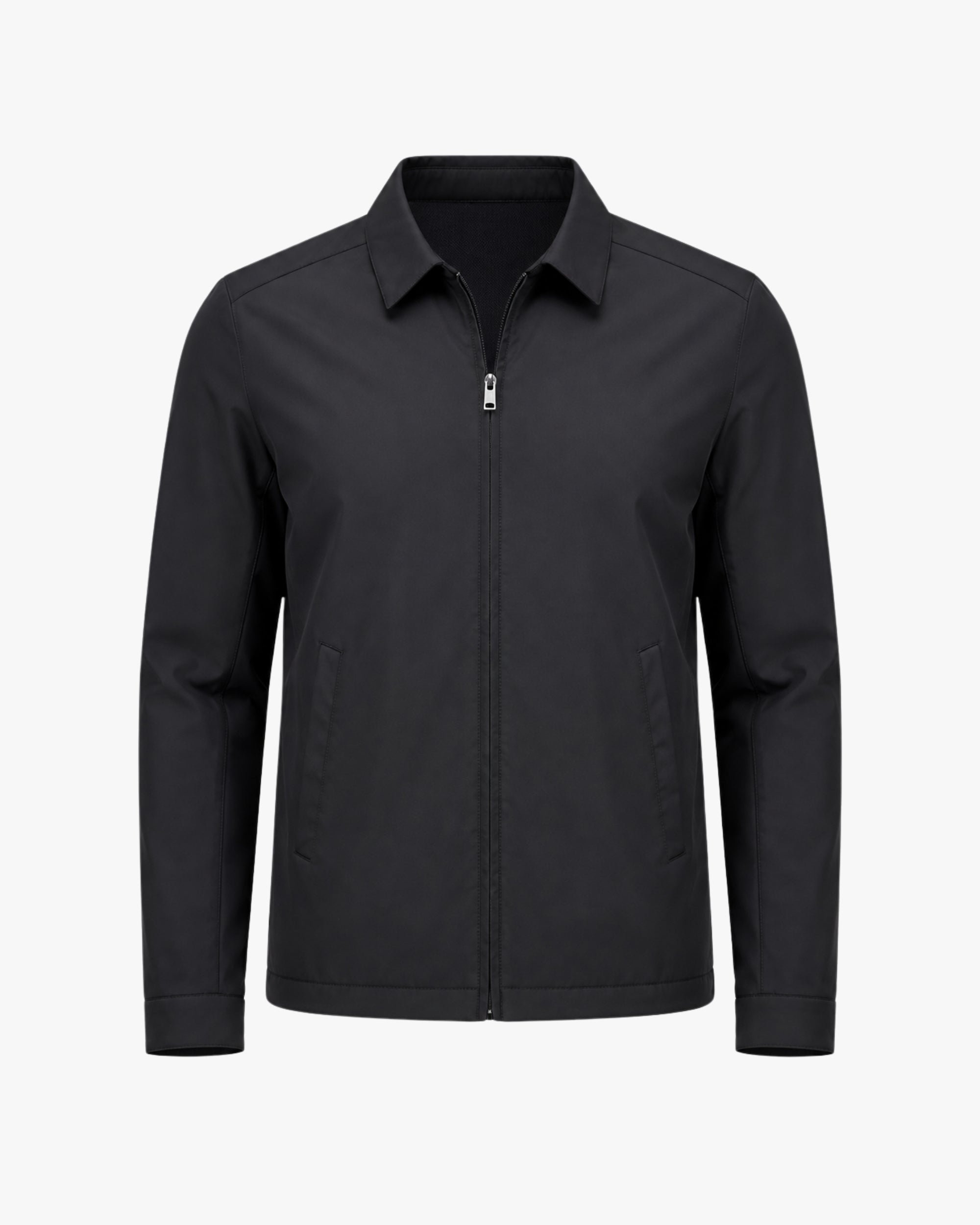 Front flat lay product shot of the men's black designer zip-up jacket highlighting the collar and hardware.