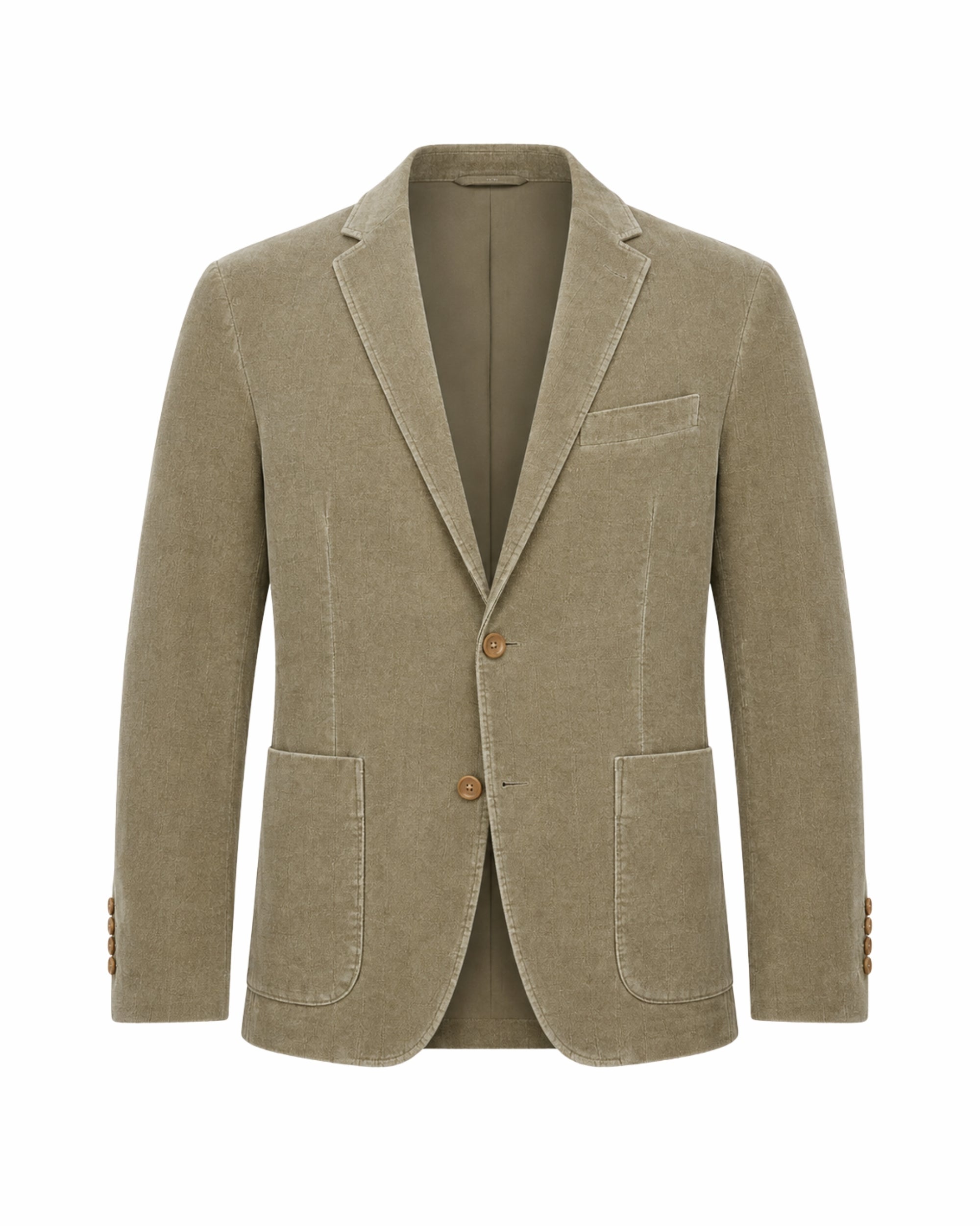 Flat lay product view of a luxury men's olive green corduroy blazer showing the notch lapel, two-button closure, and lower patch pockets.