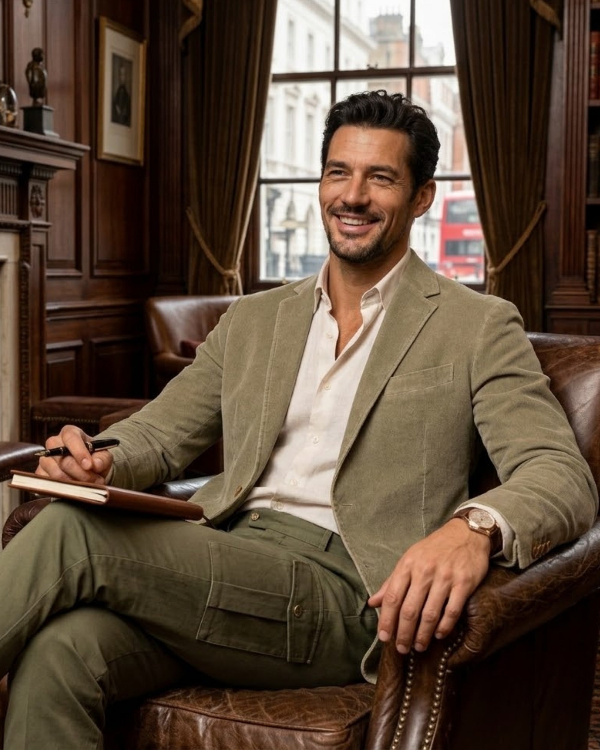 A man smiling while sitting in a leather chair in a luxury library, wearing a green unstructured corduroy sport coat and matching trousers.
