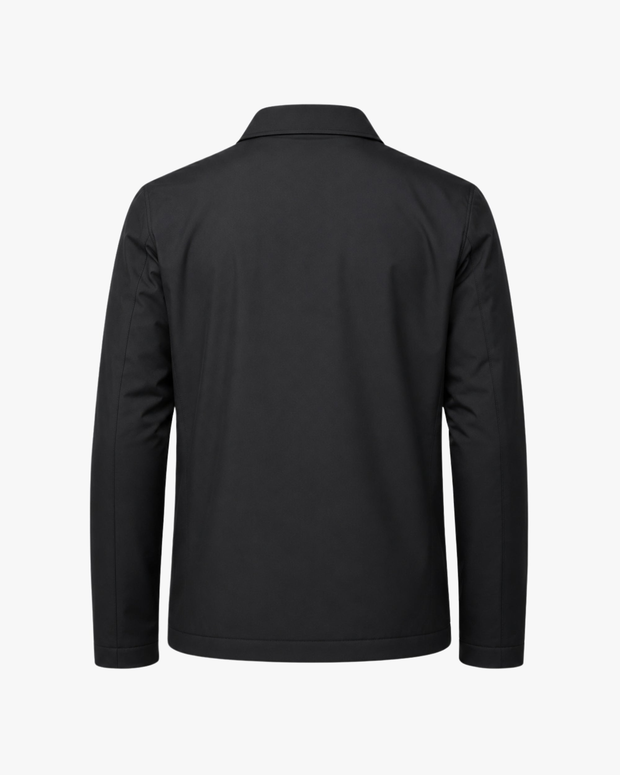 Back flat lay product shot of the men's black water-resistant jacket showing seamless construction.