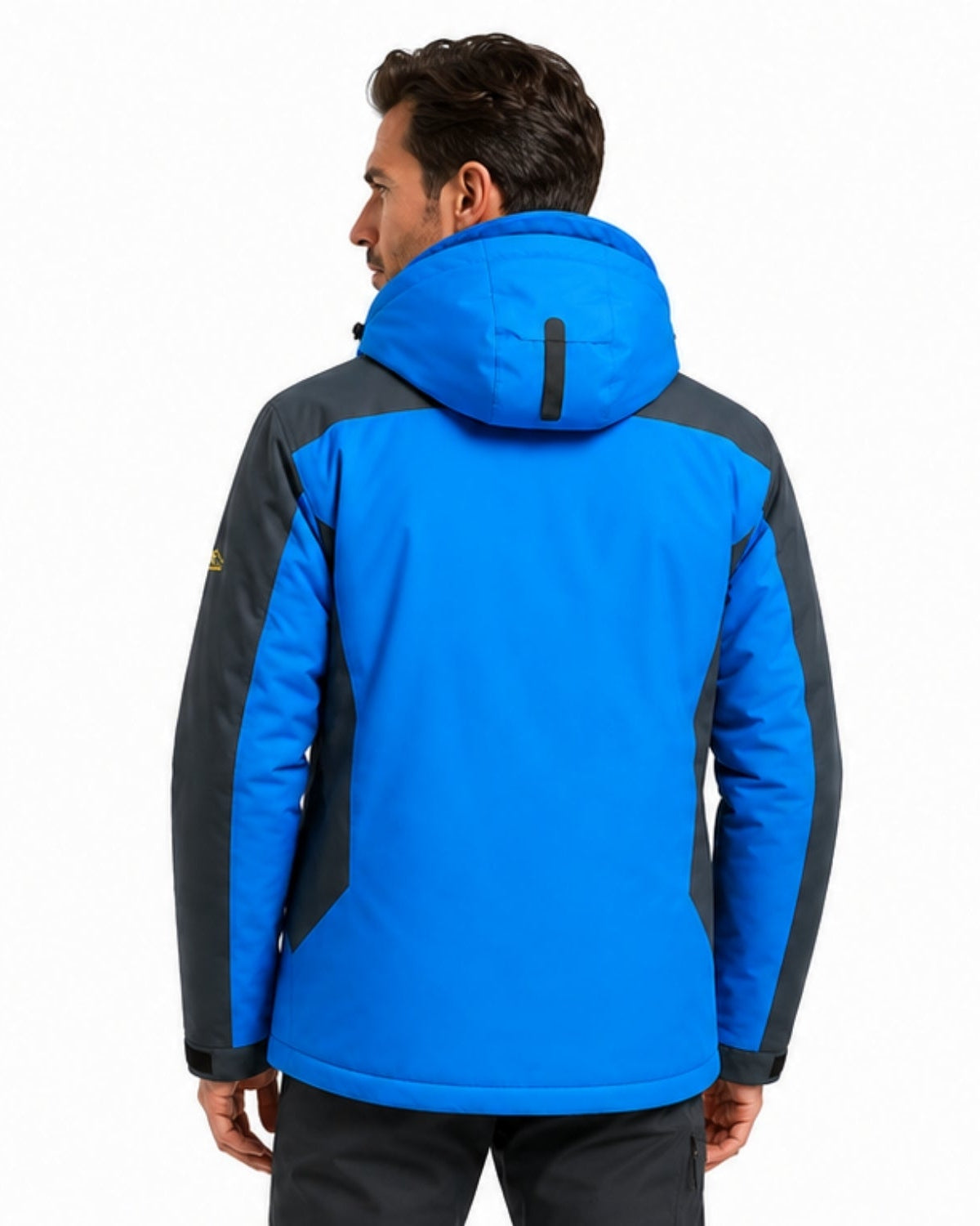 Back view of men's cold weather jacket highlighting ergonomic tailored fit and reinforced shoulder paneling.