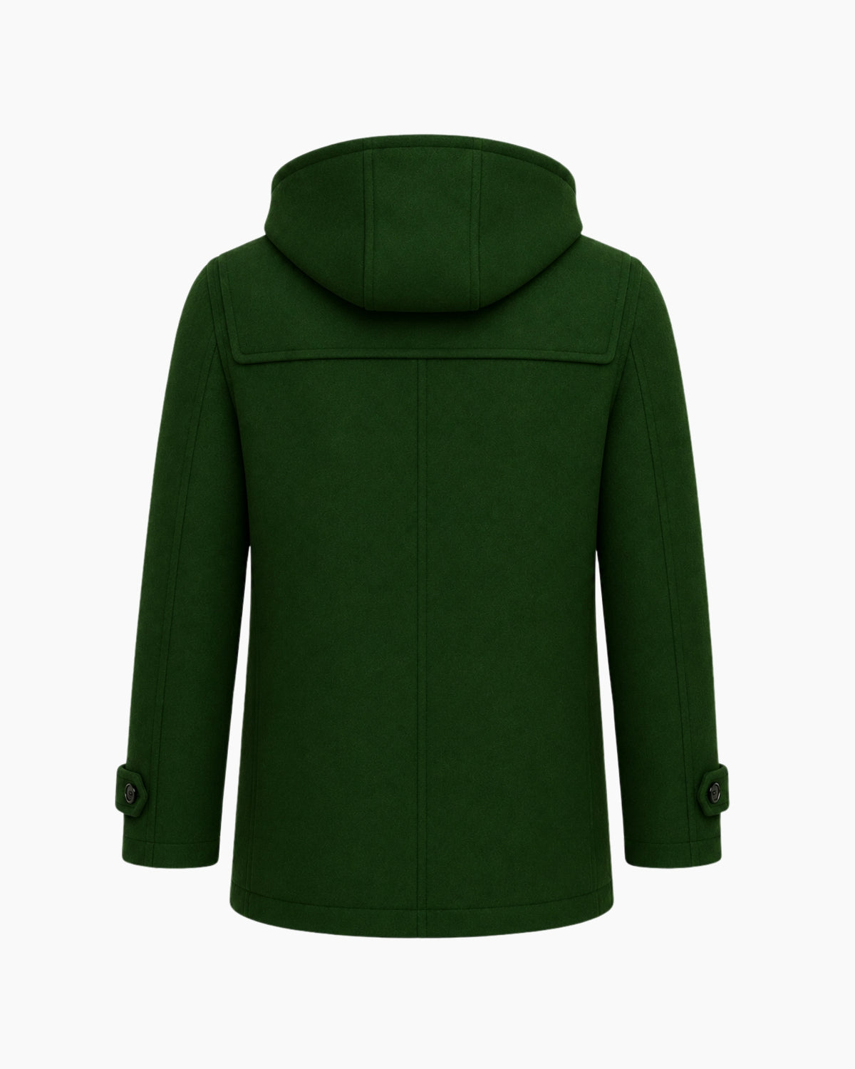 Studio product shot of the back of the men's green wool duffle coat, detailing the reinforced shoulder yoke and center back seam.