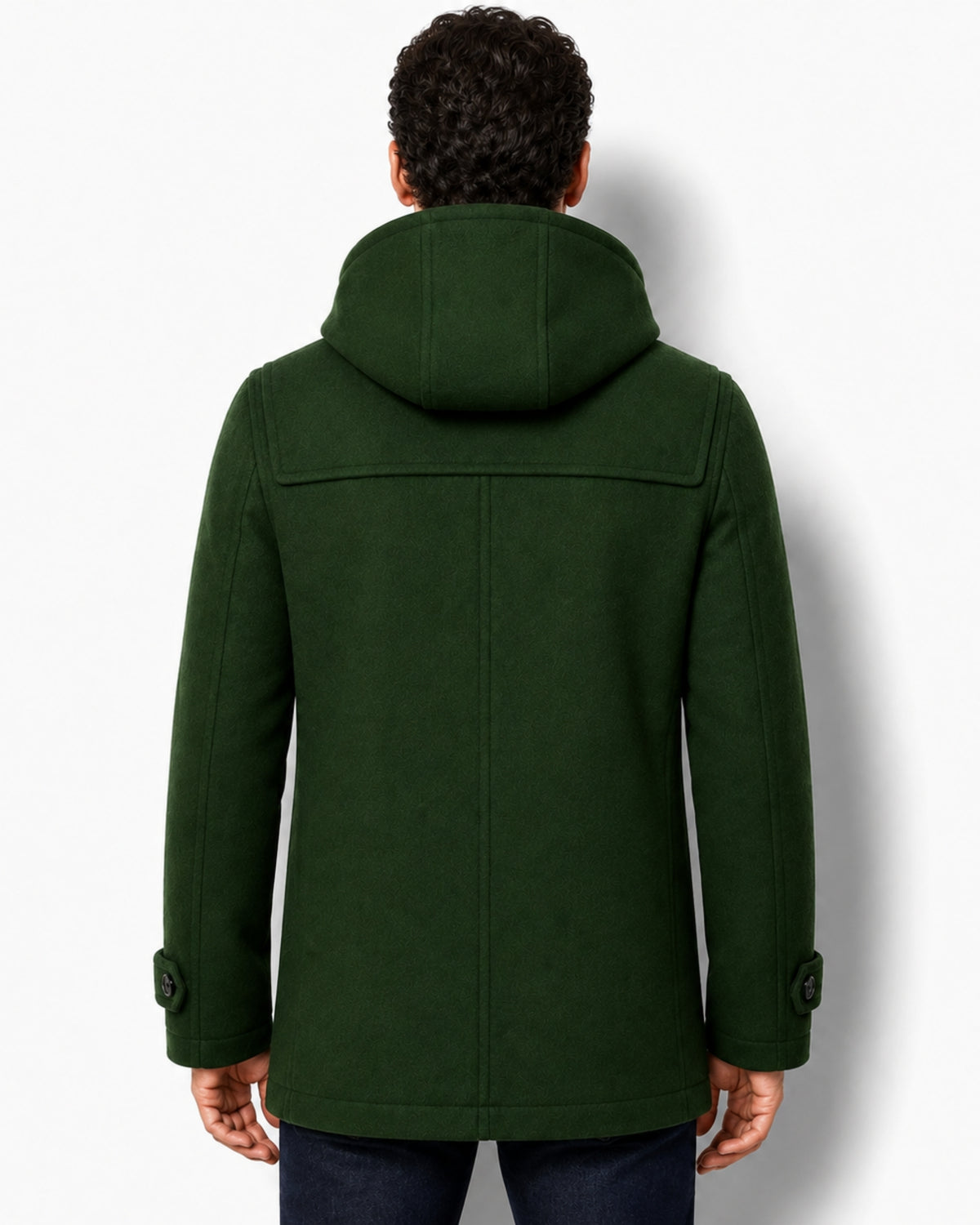 Back view of the men's forest green winter duffle coat, showing the tailored fit, back yoke, and relaxed hood drape.