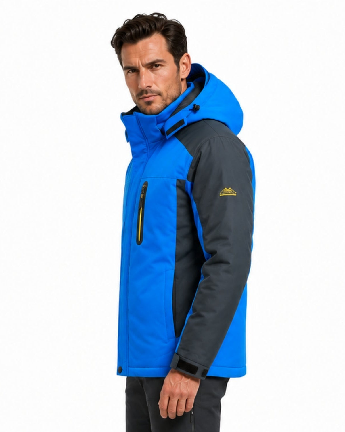 Side profile of men's blue and grey heavy winter coat showing adjustable hood and sealed waterproof zippers.