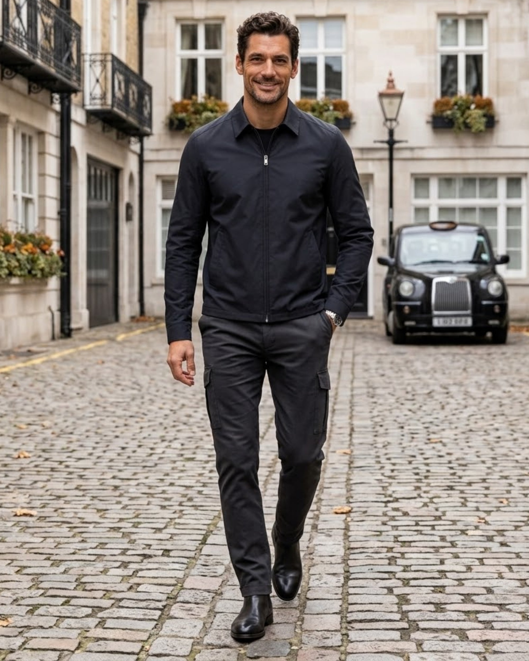 Smiling man walking down a cobblestone street wearing the smart casual black zip-up commuter jacket styled with dark cargo pants.