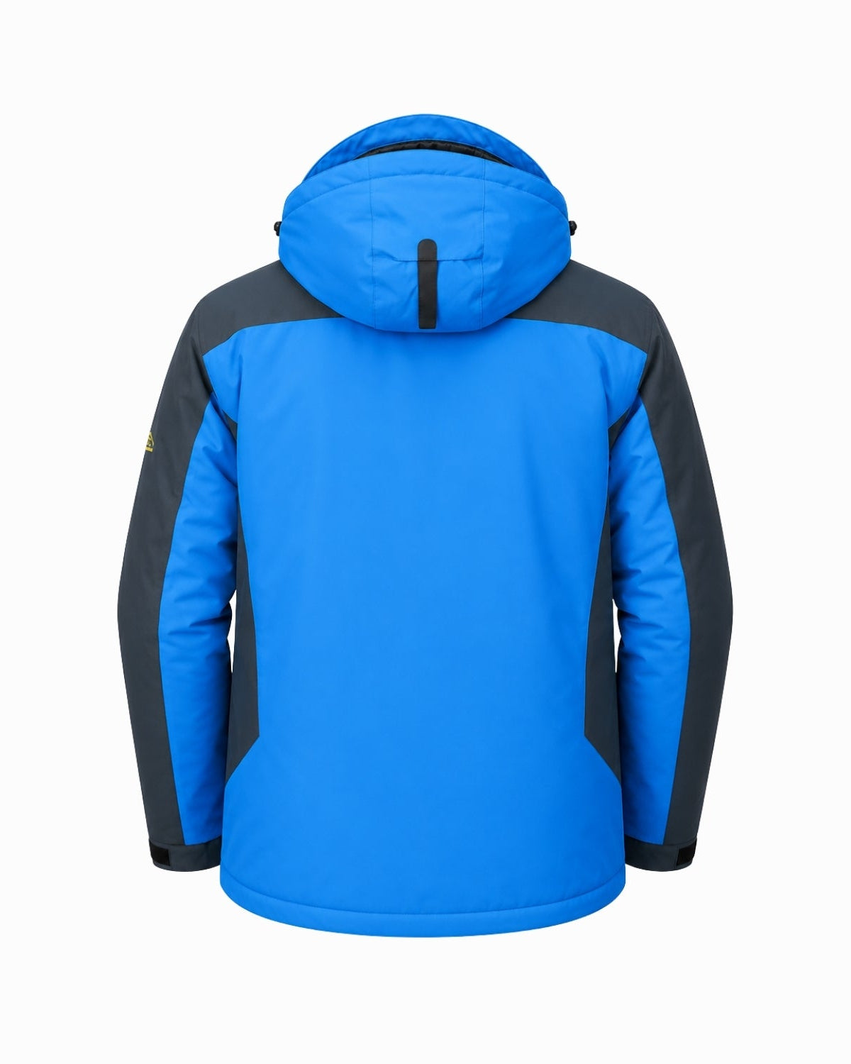 Back layout of men's technical winter jacket showing adjustable hood mechanism and color-blocked design.