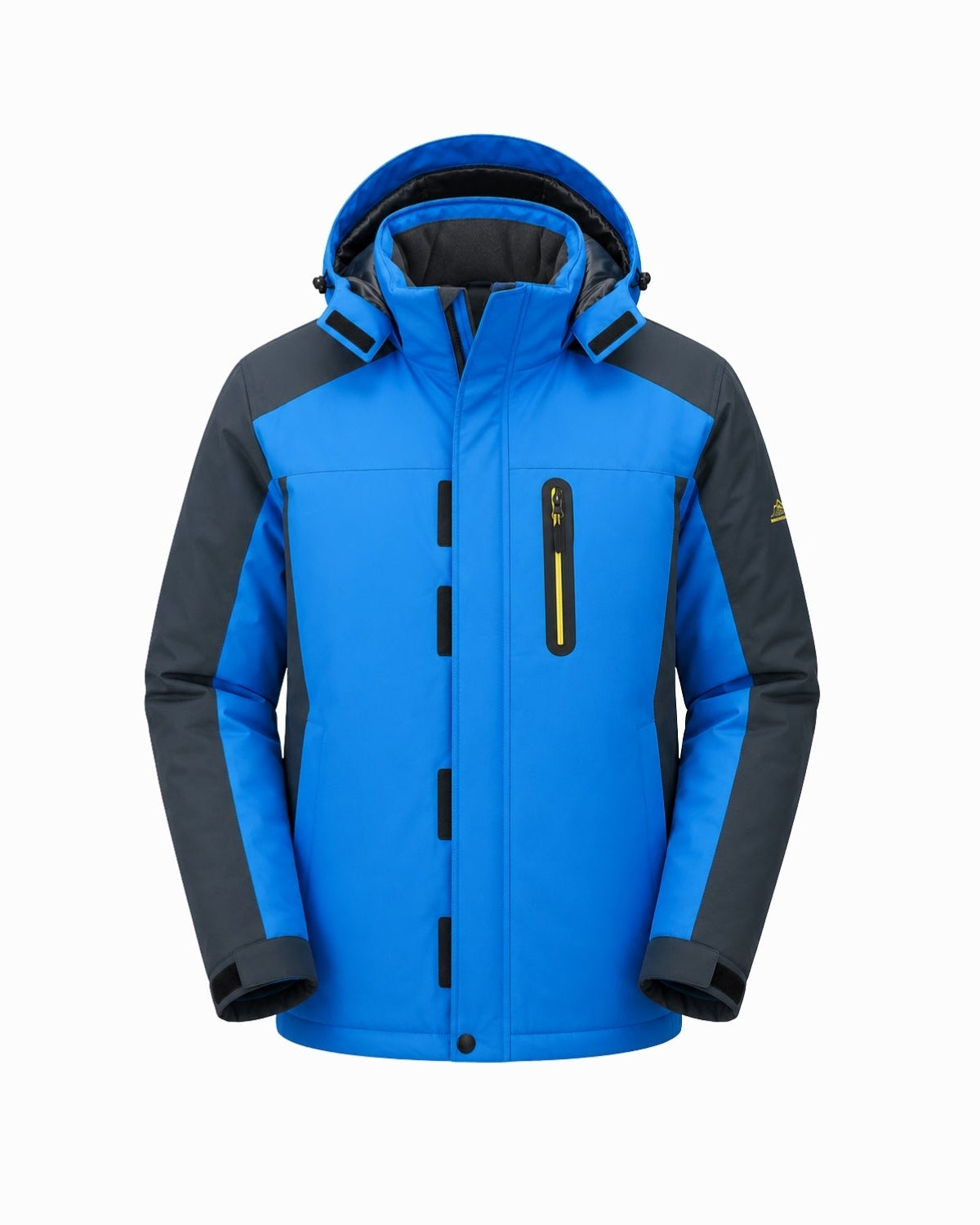 Front layout of men's blue insulated winter parka detailing tactical front pockets and weather-resistant shell.