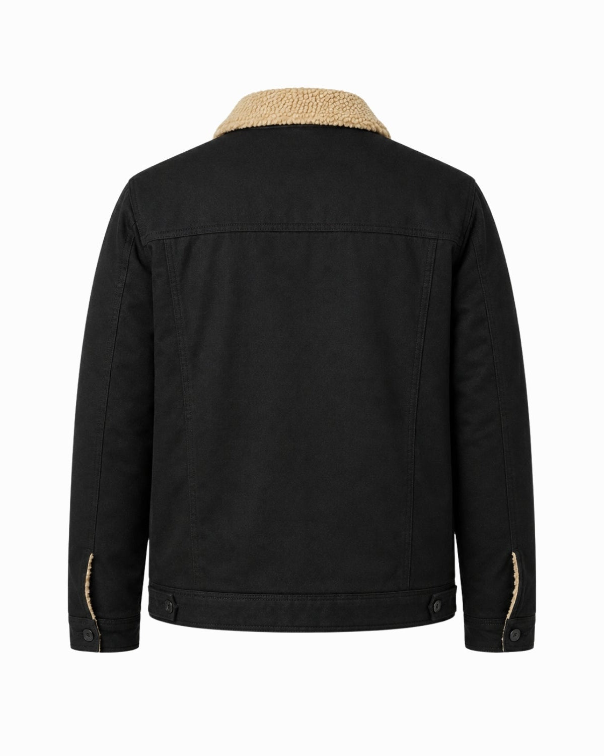 Flat lay back view of black men's outerwear coat featuring a structured canvas shell and contrasting faux shearling collar.