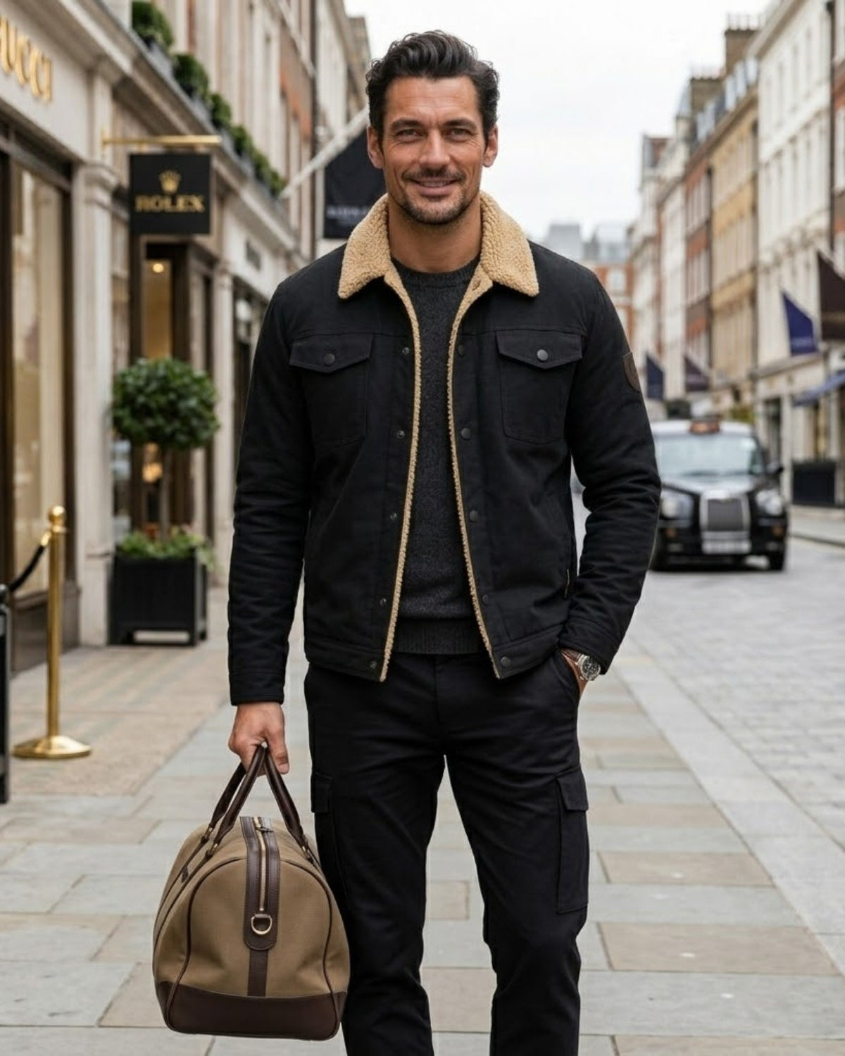 Man walking in the city carrying a weekend duffel bag, wearing a luxury black canvas winter coat with thermal lining.